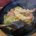 得得うどん - 料理写真:海老天ぷらうどん(セミダブル) 1,040円 丼ぶりの大きさが分かるように100円玉を置いてみました