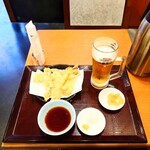 天丼てんや - 料理写真:■ 生ビールセット、800円
■ 活〆 一本 煮穴子(天)、450円