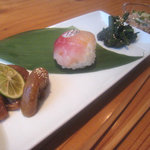 蕎麦 案山子 - 2周年特別メニュー（干し無花果 甲州煮・真鯛手毬寿司・クレソン胡麻よごし・加賀太胡瓜 鶏そぼろあん）