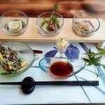 幸咲 - ★前菜(豆乳豆富おくら醤油かけ・穴子煮凝り・梅うどん芽株山葵とろろ・天豆揚げ真丈・ししゃも真子とフルーツのクリーム和え)・造里