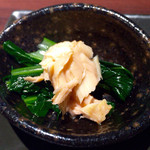 喜和美家 - H27.05.19 お通し三点盛り「本鱒と小松菜のお浸し」