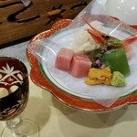 Miyama Sou Takamiya - 夕食のお刺身と食前酒  離庵山水プラン