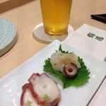 鮨処 有馬 - ①ヤナギダコ…吸盤と生タコは柚子胡椒で。茹でたタコのやわらか煮はワサビを添えて頂きます。