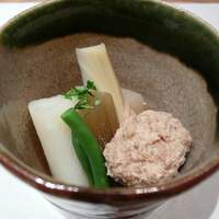 季節のお料理 辻むら - 長いも、いんげん、ふき、新竹の子、鶏団子の煮物