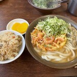 牧のうどん - 料理写真:野菜かき揚げうどん560円、味噌トッピング190円、かしわ飯210円