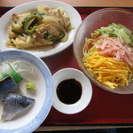 まいどおおきに食堂 - 料理写真:冷やし中華、ゴーヤチャンプル、鯖のきずし