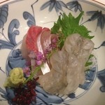 うぶか - 刺身　才巻きエビの洗い　天然平政