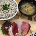 Tsukiji Shokudou Genchan Shinagawa Shizun Terasu Ten - しらす丼と刺身定食。