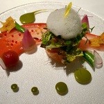 Vel  ROsier - プーアール茶で燻した自家製スモークサーモンと温泉卵のサラダ
      ビーツと香菜　バジルと中国山椒のソース