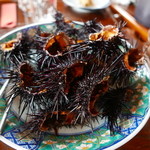 魚山人 - ムラサキウニは生きているものをそのままスプーンで！