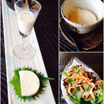 田舎 - 一口三品、自家製豆腐、桜海老のサラダ