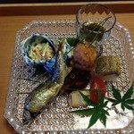 しのはら - 八寸‥大村湾の金もずく・カマスの棒寿司・蛸の旨煮・トマトの浅漬け・くらげの湯葉和え・鮎の塩焼・白バイ貝・卵の真丈