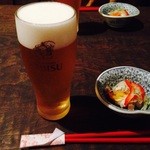 嘉肴萬菜〇いけ - お晩菜セット　生ビールと魚の南蛮漬け