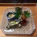 しのはら - 金もずく・カマスの棒寿司・蛸の旨煮・トマトの浅漬け・くらげの湯葉和え・鮎の塩焼・白バイ貝・卵の真丈