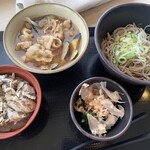 ゆで太郎 - 料理写真:・鯖おろし、ほうれん草のおひたし、肉茄子つけ汁、ハーフそば(冷)