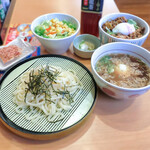 なか卯 - 料理写真:月見牛肉つけうどん、温たま牛すき丼、彩り野菜サラダ、京風つけもの