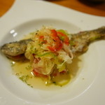 やまめ庵 - ヤマメの南蛮漬け。野菜もおいしいし、酢の具合がちょうどいい。