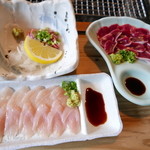 ろばたやき山ろく - ささみ、砂ずり、砂とろの刺身３点！新鮮！