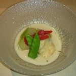 祇園迦陵 - 焼き物：鱧、冬瓜？ パプリカに胡麻のきいたソース