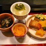 お料理 ほし - 【前菜：葉わさび、長芋羹 ふきのとう味噌 いか和え、ニラ入り玉子】♪2010/5