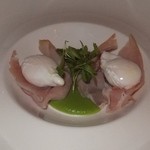 The athenaeum's restaurant - Poached Pheasant Egg with Home Cured Ham and Pea Puree