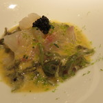 エクアトゥール - 前菜1：活〆小豆ハタのカルパッチョ グレープフルーツと白バルサミコ、エストラゴンのヴィネグレット、露産のキャビアとライム広島の蓴菜 オクラのピューレ