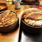 たてまつ - 左側「うなぎまぶし 」と、右側「うなぎまぶし・ご飯大盛り 」です。お味は、やはり通常のものの方がバランスが取れています。鰻はやはりご飯の中よりも上にのっていた方がBESTですネ！　2015年5月10日