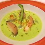 Convivio - 27年5月　グリーンピースの冷製スープ　トコブシ　帆立　アスパラガス　クスクス