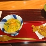 一心鮨 光洋 - スイートコーンのかき揚げと冷製茶碗蒸しの雲丹添え。