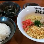 歌志軒 - ソース油そば(大盛)+ランチセット(ライス小+あっさりスープ)+トッピング無料券(半熟玉子)