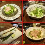 うえ山 - 料理（焼万願寺、鮎塩焼、浅利とアスパラの酒蒸し、ゴーヤチャンプル）