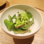 【1】フォアグラテリーヌ サラダ仕立て。下に林檎、マッシュルームも