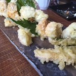 そば草香 - お昼の炭焼きコース　3,500円　天ぷら　大葉、サツマイモ、トウモロコシ、ハモ