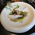 ラ・ボンヌターブル - 喉黒のポワレ、サザエ、黒米、ワイルド・ライスのリゾット 焼き茄子のソース、エリンギ、茗荷2