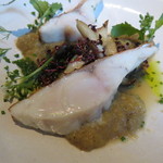 ラ・ボンヌターブル - 喉黒のポワレ、サザエ、黒米、ワイルド・ライスのリゾット 焼き茄子のソース、エリンギ、茗荷1