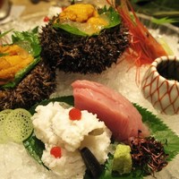 瓢斗 四条烏丸店 - お造り　鱧のおとし、よこわ、雲丹、甘海老、生ひじき、水前寺海苔