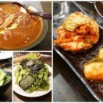 SATOブリアン - ビーフシチュー・キムチ盛り・塩だれ叩ききゅうり・白胡麻と海苔のサラダ