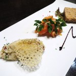 鉄板焼 grow - ポテトサラダ、いぶりがっこ入り
　サーモンのマリネ
　鳥のテリーヌ、クルミ入り
　バルサミコソース