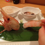 超特大のボタンエビ　エビ味噌とウニ醤油　酢飯