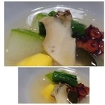 御料理 光安 - 夏野菜の焼き合わせ・・蒸し黒鮑・蛸の柔らか煮・冬瓜・インカの目覚め・トウモロコシなどが入っています。
      蛸は下味がしっかりついていて柔らかく美味しいですね。