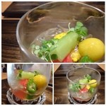 御料理 光安 - 初夏の野菜のジュンサイ寄せ・・今が旬のお野菜たち（フルーツほうづき・ずいき・新玉ねぎ・フルーツトマト・コーンなど）