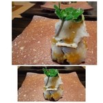 御料理 光安 - ◆鱧の焼き霜、添えられているのは「防風」というお野菜。
      何時もながらこちらの「焼き霜」は素材が変わっても美味しいですね。