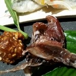 蛍烏賊素干しと蕎麦味噌 葉生姜添え。