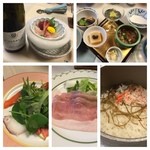 ホテル小柳 - 新潟湯田上温泉ホテル小柳の今夜の料理！先付け、刺身、揚げたての天婦羅、豚のしゃぶしゃぶ、蟹の炊き込み御飯！