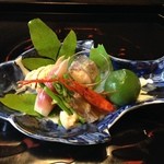 比良山荘 - 八寸 鮎なれ寿司・青梅甘露煮・手長海老・鯉の卵・鰻の肝の煮こごり・茗荷寿司・しおでの胡麻酢