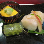 割烹 新多久 - 南京豆腐　石鯛棒寿司　みずゼリー寄せ