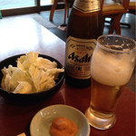 Izakaya Choichoi - 瓶ビール４８０円（外税）とお通しはお代わり無料キャベツ（３００円　外税）