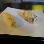 日本料理天ぷらあい田 - スナップエンドウ、ホタテの磯部揚げ
