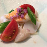 祇園 さゝ木 - 2015.7.ランチ6000円③お刺身。帆立、烏賊、海老。ゴマダレうどんと一緒に。