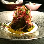 エクアトゥール - ［５回目］三重県活けアワビと京都加茂ナスの炭火焼き、肝ソース 山わさび添え